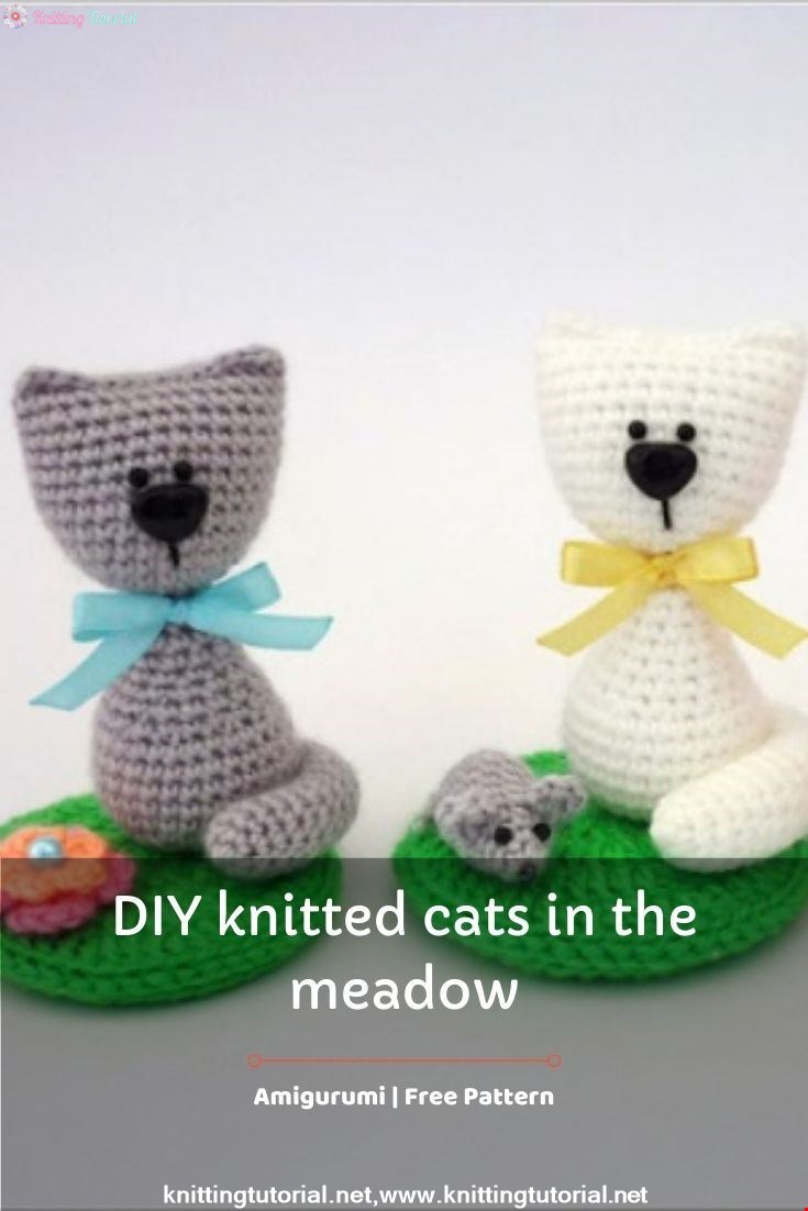 DIY knitted cats in the meadow